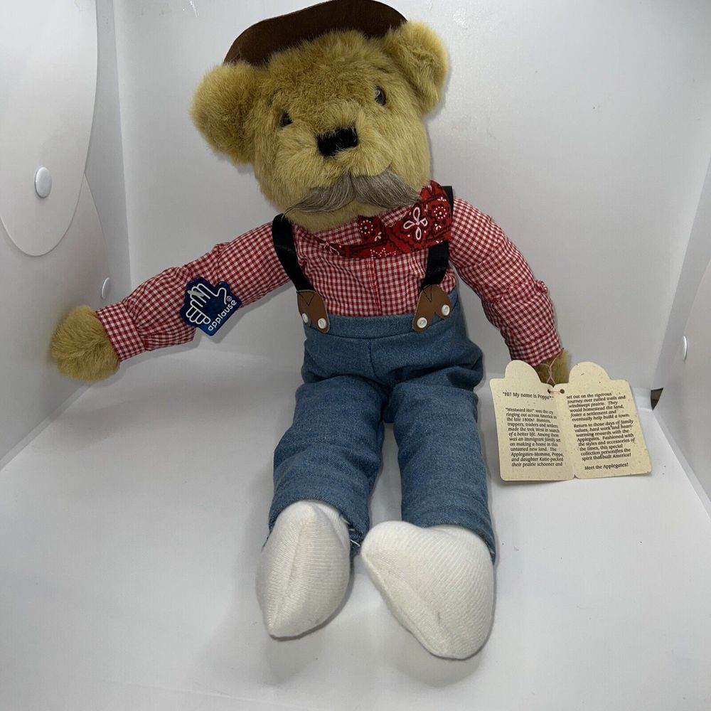Applause 1990s Applegates Poppa Bear‎ Plush Stuffed Animal Farmer Western 19"